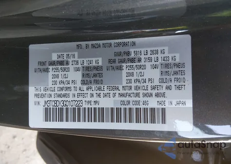 2016 Mazda Cx-9 Grand Touring z USA, uszkodzony, nr VIN JM3TCBDY3G0107223